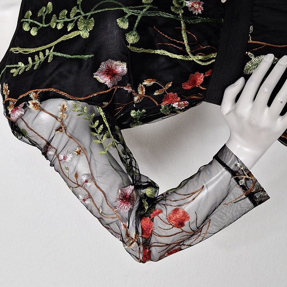 Black Floral Embroidered Romantic Sheer Whimsigoth Long Sleeve Dress Size M - Picture 5 of 12